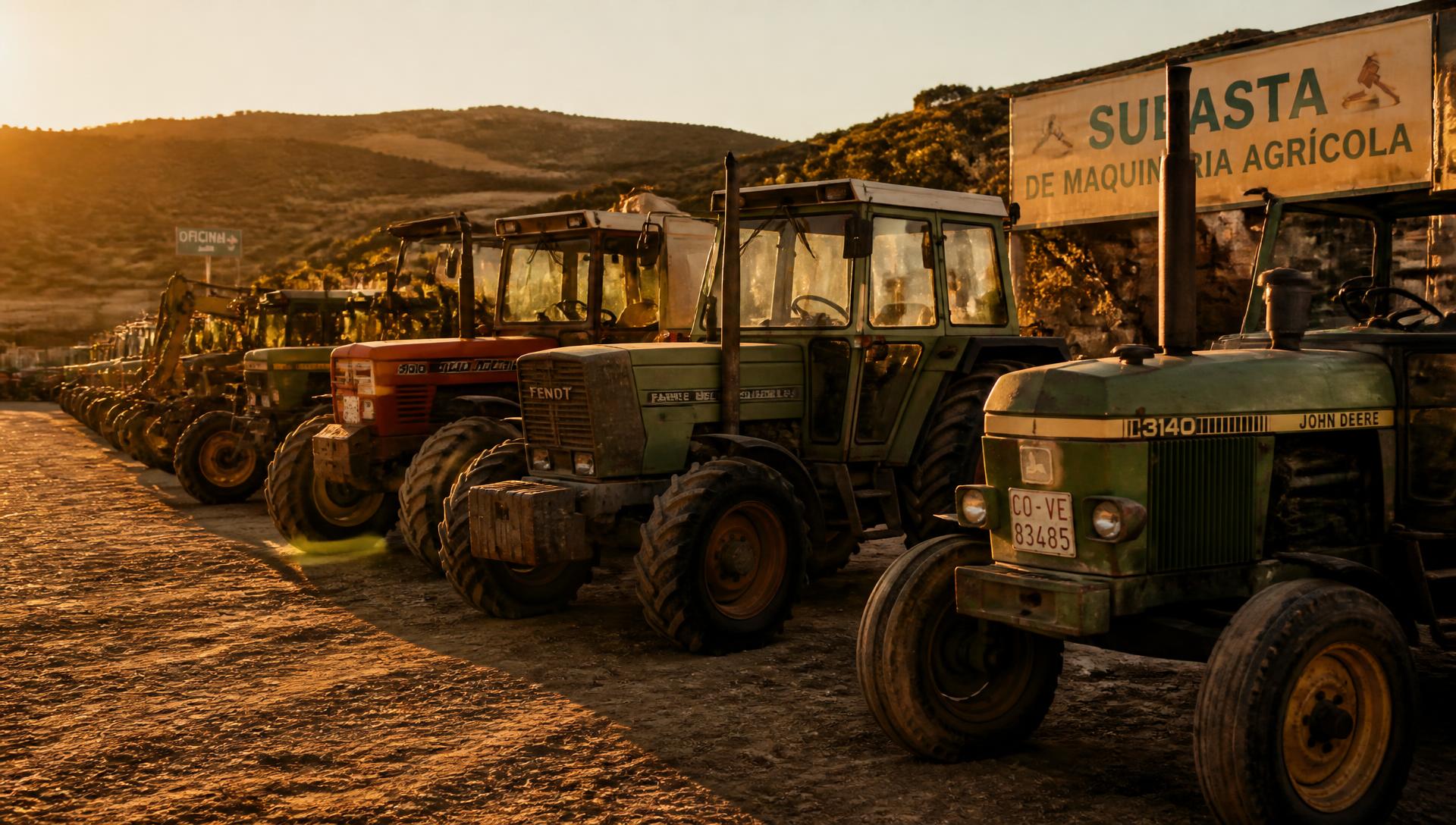 Tractores y maquinaria agrícola en el parque de subasta